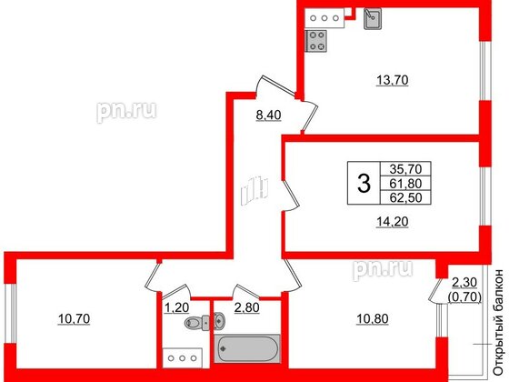 Квартира в ЖК Ржевский парк, 3 комнатная, 62.5 м², 2 этаж