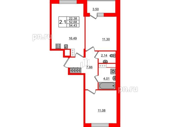 Квартира в ЖК «Город звёзд», 2 комнатная, 52.68 м², 6 этаж