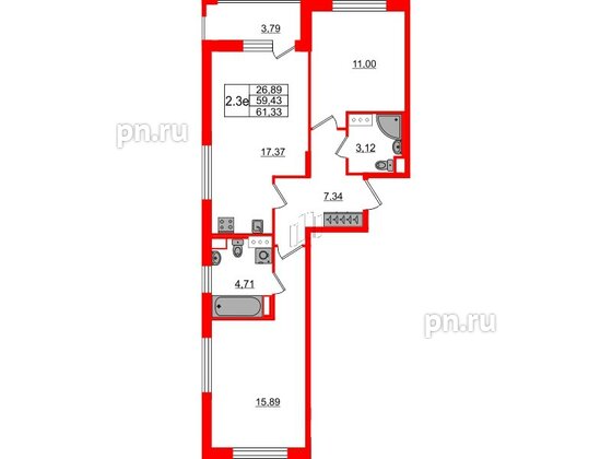 Квартира в ЖК «Город звёзд», 2 комнатная, 59.43 м², 13 этаж