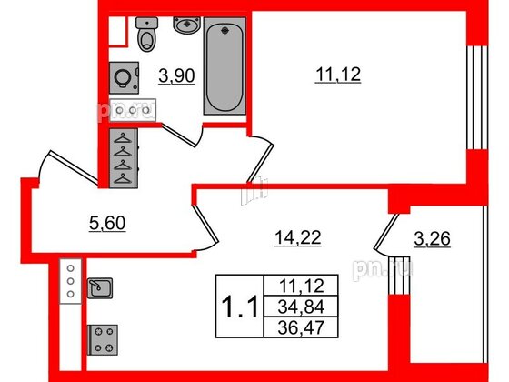 Квартира в ЖК «Город звёзд», 1 комнатная, 34.84 м², 10 этаж