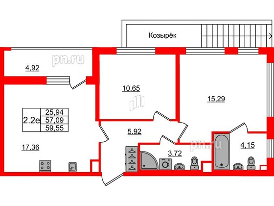 Квартира в ЖК «Город звёзд», 2 комнатная, 57.09 м², 1 этаж