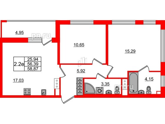 Квартира в ЖК «Город звёзд», 2 комнатная, 56.39 м², 6 этаж