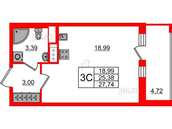 Квартира в ЖК «Город звёзд», студия, 25.38 м², 3 этаж