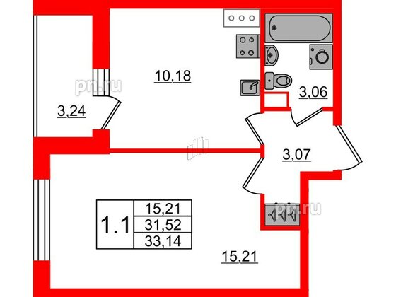 Квартира в ЖК «Город звёзд», 1 комнатная, 31.52 м², 6 этаж