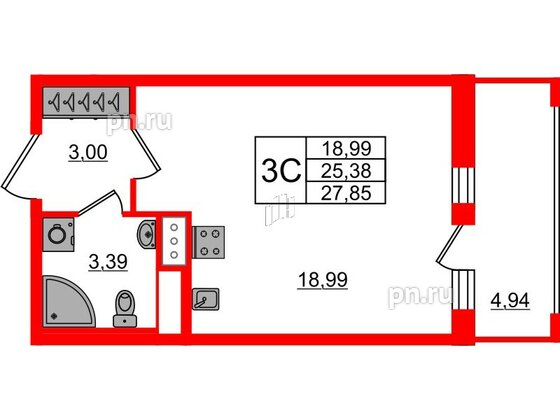 Квартира в ЖК «Город звёзд», студия, 25.38 м², 3 этаж