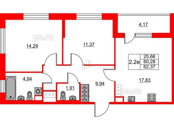 Квартира в ЖК «Город звёзд», 2 комнатная, 60.28 м², 12 этаж