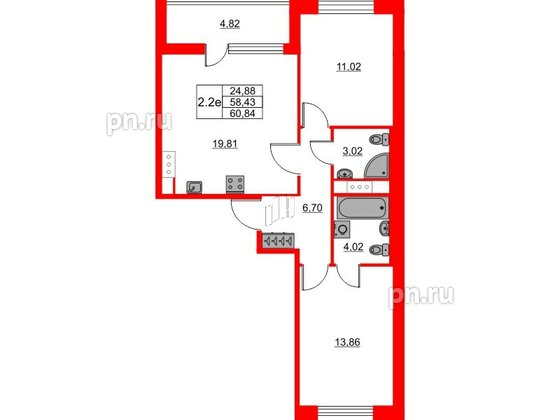 Квартира в ЖК «Город звёзд», 2 комнатная, 58.43 м², 11 этаж