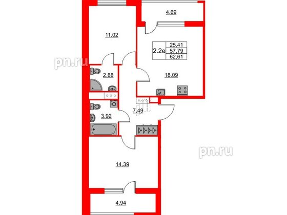 Квартира в ЖК «Город звёзд», 2 комнатная, 57.79 м², 11 этаж