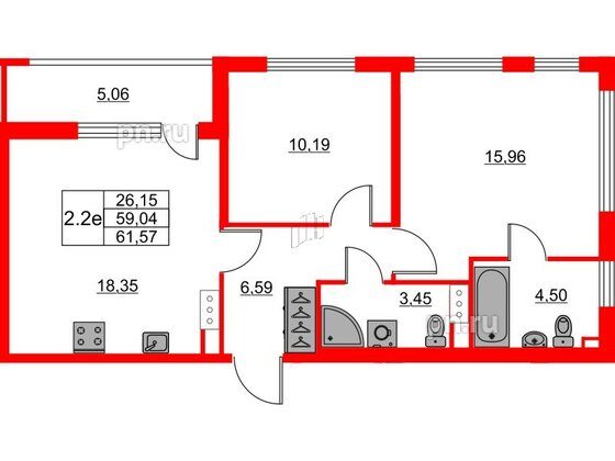 Квартира в ЖК «Город звёзд», 2 комнатная, 59.04 м², 8 этаж