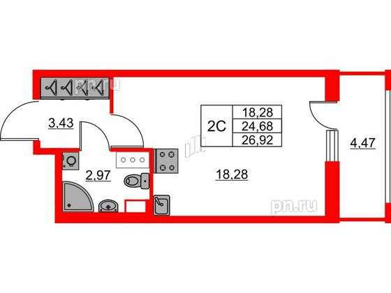 Квартира в ЖК «Город звёзд», студия, 24.68 м², 20 этаж