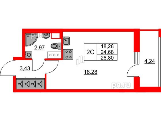 Квартира в ЖК «Город звёзд», студия, 24.68 м², 23 этаж