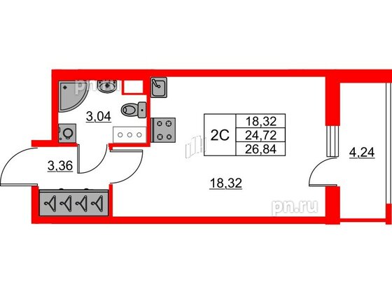 Квартира в ЖК «Город звёзд», студия, 24.72 м², 23 этаж