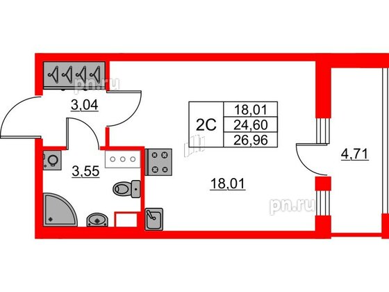 Квартира в ЖК «Город звёзд», студия, 24.6 м², 9 этаж