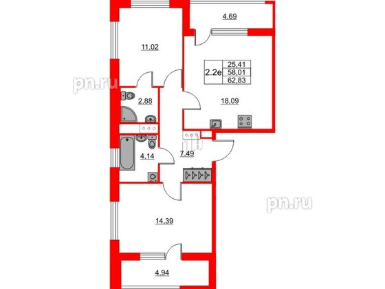 Квартира в ЖК «Город звёзд», 2 комнатная, 58.01 м², 16 этаж