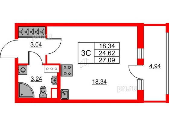 Квартира в ЖК «Город звёзд», студия, 24.62 м², 14 этаж