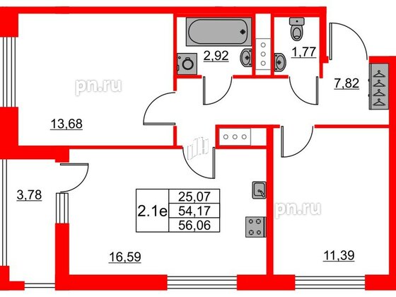 Квартира в ЖК «Город звёзд», 2 комнатная, 54.17 м², 2 этаж