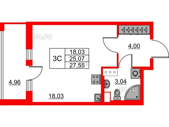 Квартира в ЖК «Город звёзд», студия, 25.07 м², 2 этаж