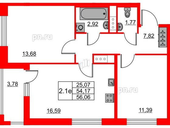 Квартира в ЖК «Город звёзд», 2 комнатная, 54.17 м², 11 этаж