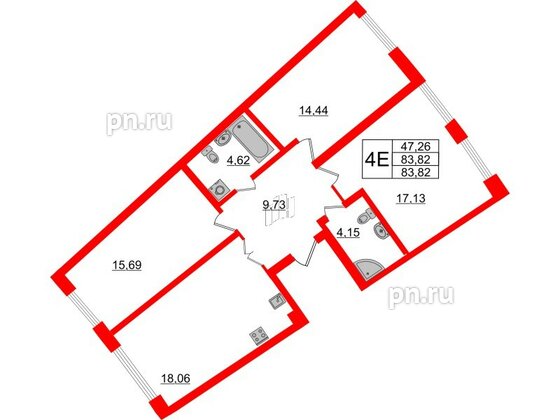 Квартира в ЖК Морская набережная.SeaView 2, 3 комнатная, 83.82 м², 2 этаж