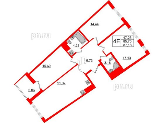 Квартира в ЖК Морская набережная.SeaView 2, 3 комнатная, 87.18 м², 14 этаж