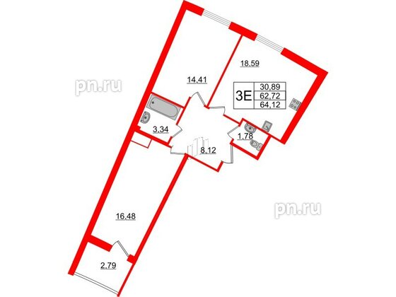 Квартира в ЖК Морская набережная.SeaView 2, 2 комнатная, 64.12 м², 14 этаж