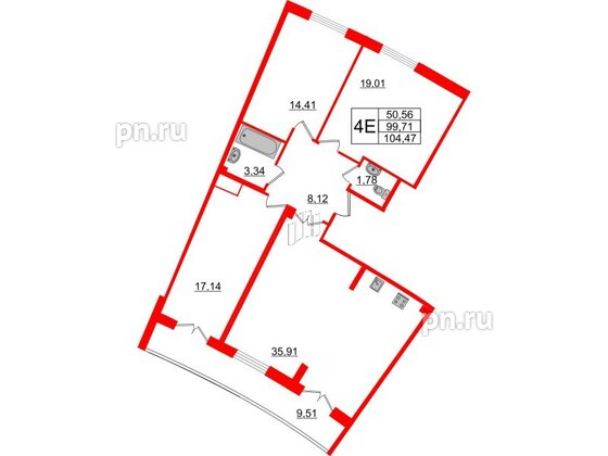 Квартира в ЖК Морская набережная.SeaView 2, 3 комнатная, 104.47 м², 16 этаж