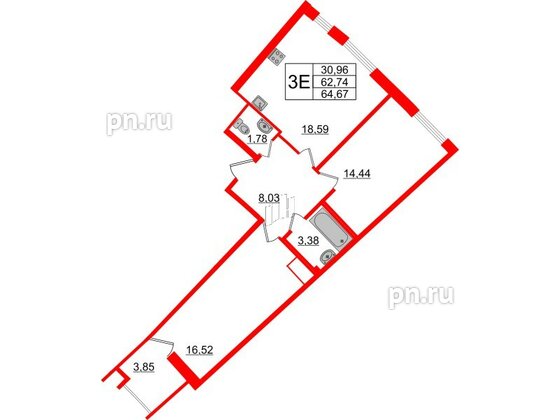 Квартира в ЖК Морская набережная.SeaView 2, 2 комнатная, 64.67 м², 13 этаж