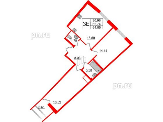 Квартира в ЖК Морская набережная.SeaView 2, 2 комнатная, 64.05 м², 14 этаж