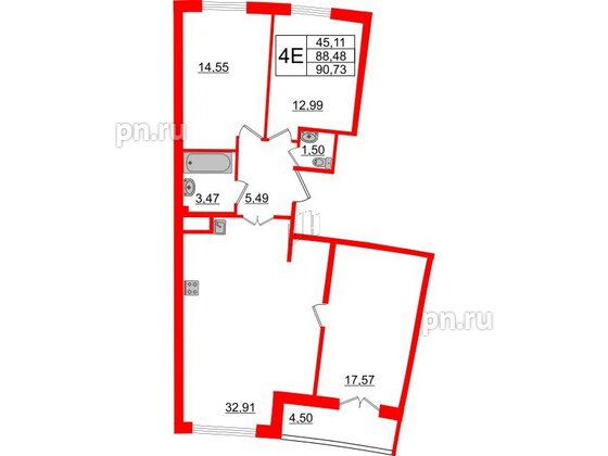 Квартира в ЖК Морская набережная.SeaView 2, 3 комнатная, 90.73 м², 16 этаж