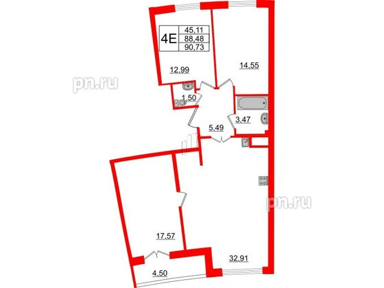 Квартира в ЖК Морская набережная.SeaView 2, 3 комнатная, 90.73 м², 16 этаж