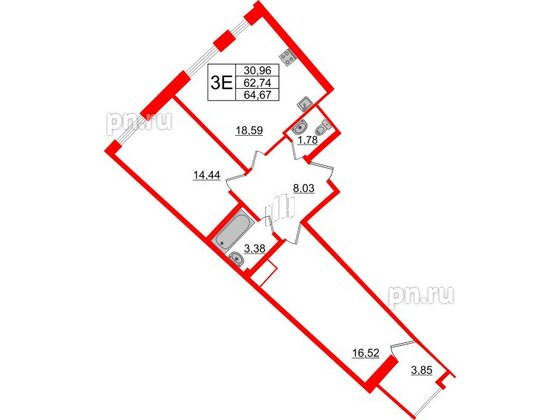 Квартира в ЖК Морская набережная.SeaView 2, 2 комнатная, 64.67 м², 13 этаж