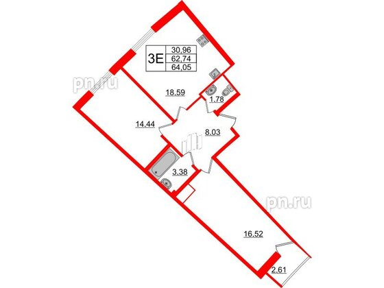 Квартира в ЖК Морская набережная.SeaView 2, 2 комнатная, 64.05 м², 14 этаж