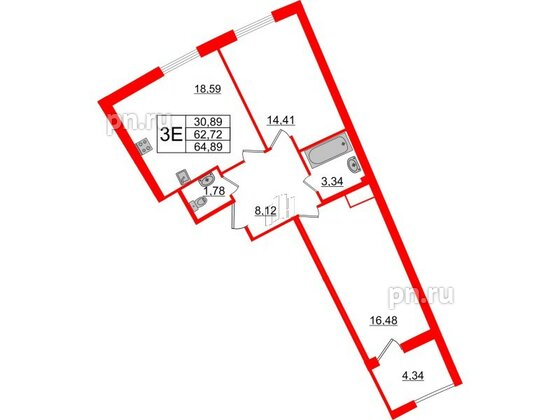 Квартира в ЖК Морская набережная.SeaView 2, 2 комнатная, 64.89 м², 12 этаж