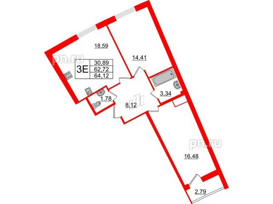 Квартира в ЖК Морская набережная.SeaView 2, 2 комнатная, 64.12 м², 14 этаж