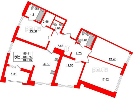 Квартира в ЖК Морская набережная.SeaView 2, 4 комнатная, 109.16 м², 4 этаж