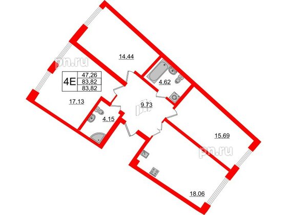 Квартира в ЖК Морская набережная.SeaView 2, 3 комнатная, 83.82 м², 2 этаж