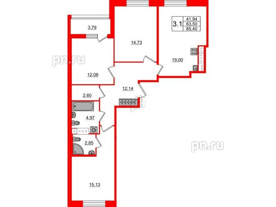 Квартира в ЖК Прайм Приморский, 3 комнатная, 83.5 м², 8 этаж