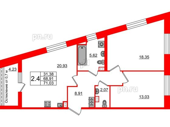 Квартира в ЖК Прайм Приморский, 2 комнатная, 68.4 м², 2 этаж