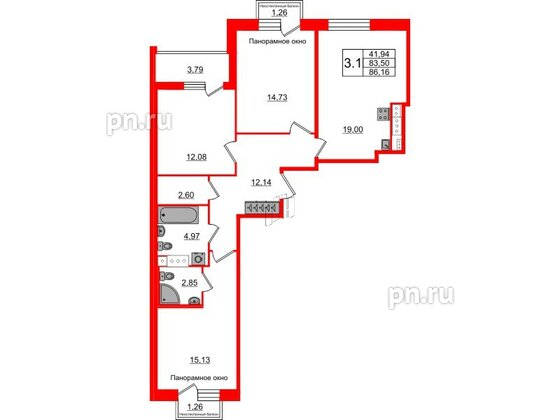 Квартира в ЖК Прайм Приморский, 3 комнатная, 83.5 м², 11 этаж