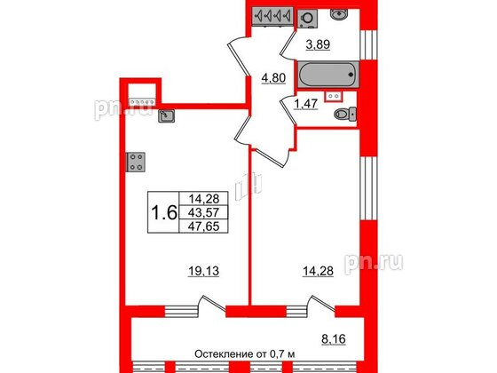 Квартира в ЖК Прайм Приморский, 1 комнатная, 43.57 м², 2 этаж