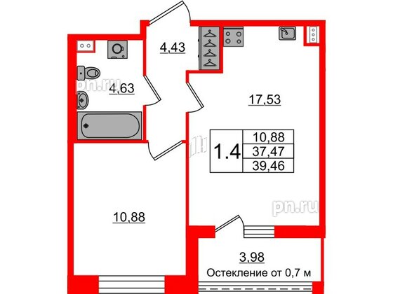 Квартира в ЖК Прайм Приморский, 1 комнатная, 37.47 м², 2 этаж