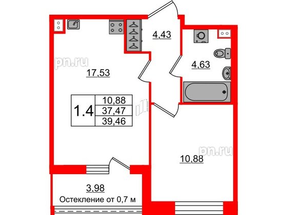 Квартира в ЖК Прайм Приморский, 1 комнатная, 37.47 м², 2 этаж