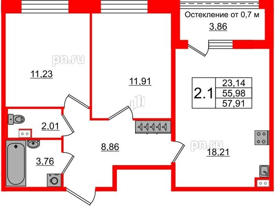 Квартира в ЖК Прайм Приморский, 2 комнатная, 55.98 м², 2 этаж