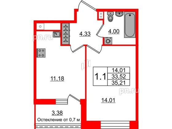 Квартира в ЖК Прайм Приморский, 1 комнатная, 33.52 м², 2 этаж