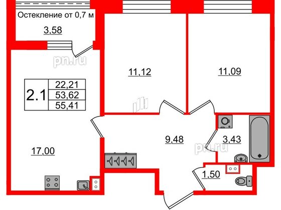 Квартира в ЖК Прайм Приморский, 2 комнатная, 53.62 м², 2 этаж