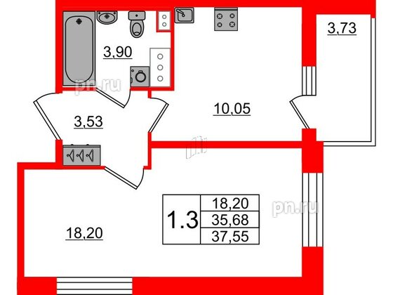 Квартира в ЖК Прайм Приморский, 1 комнатная, 35.68 м², 10 этаж