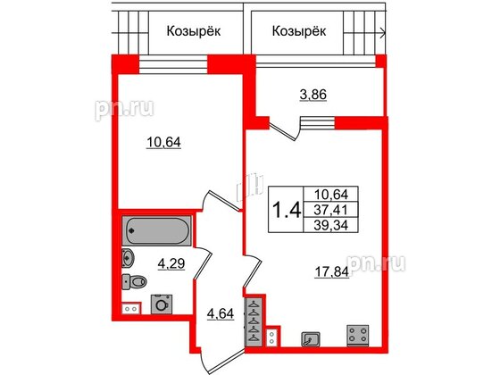 Квартира в ЖК Прайм Приморский, 1 комнатная, 37.41 м², 1 этаж