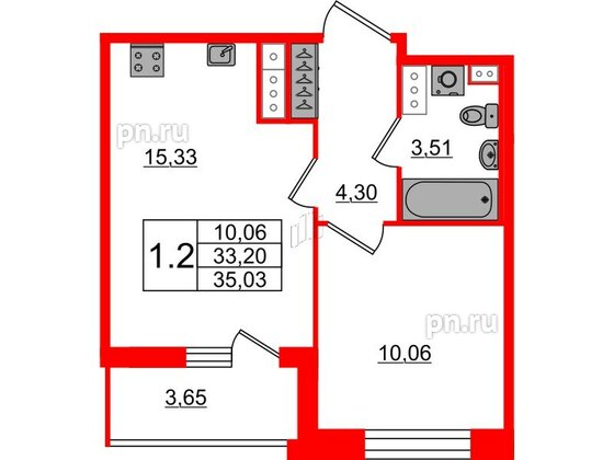 Квартира в ЖК Прайм Приморский, 1 комнатная, 33.2 м², 12 этаж