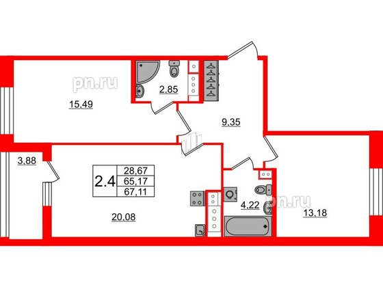 Квартира в ЖК Прайм Приморский, 2 комнатная, 65.17 м², 4 этаж