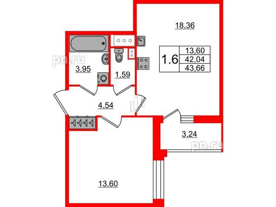 Квартира в ЖК Прайм Приморский, 1 комнатная, 42.04 м², 5 этаж